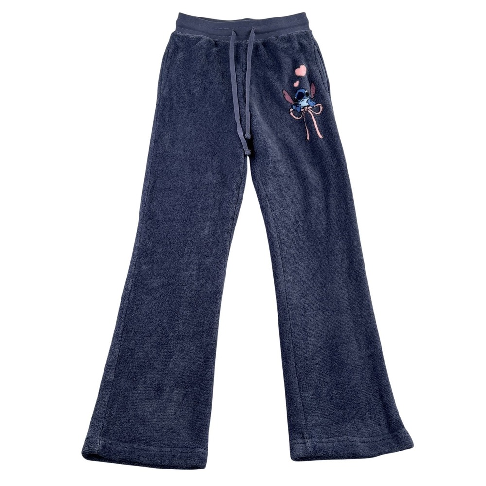 Disney Stitch Plush Fleece Flare Pajama Pants Womens S Gray Embroidered Lounge